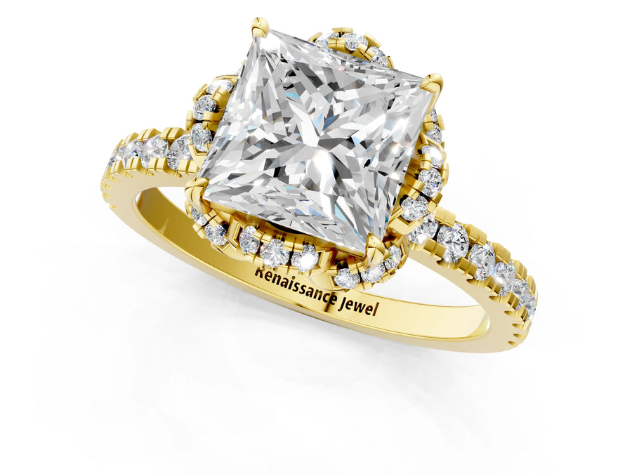 Yellow gold Princess Halo Diamond Pave Band Ring with Four-Prong Setting