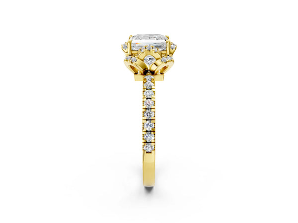 Yellow gold Princess Halo Diamond Pave Band Ring with Four-Prong Setting