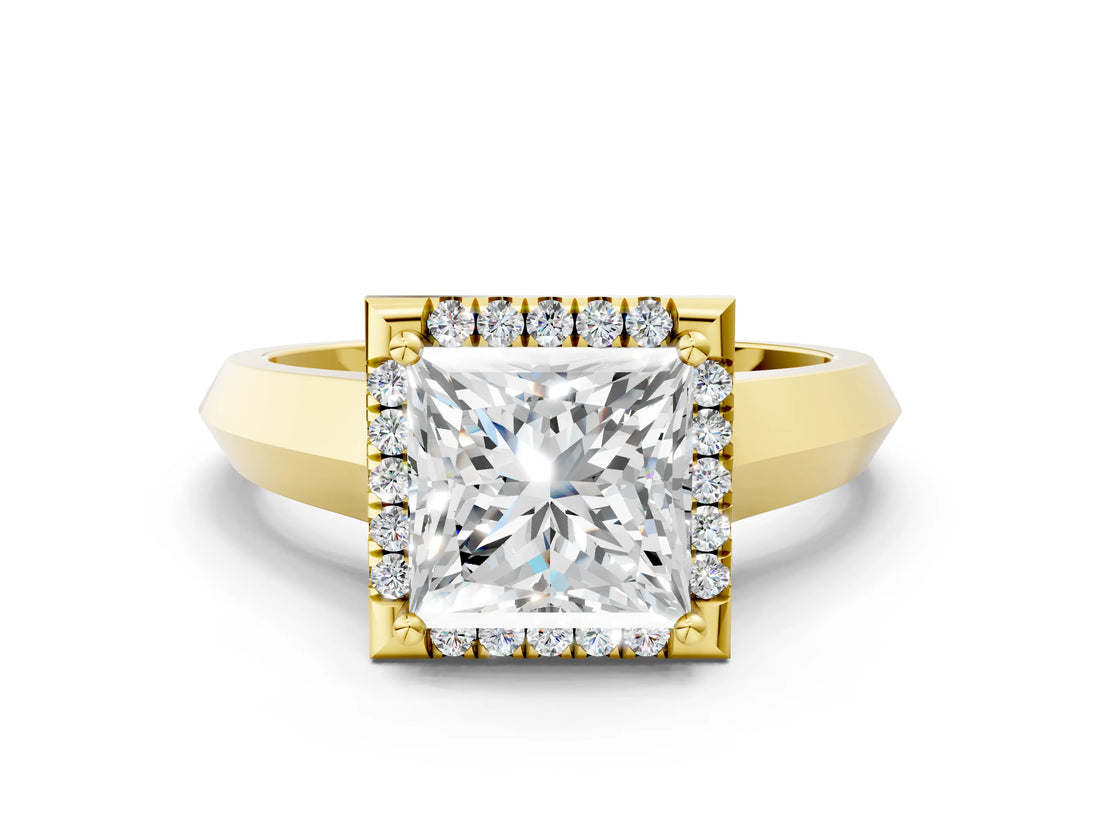 Yellow gold Princess Halo Diamond Ring with Cathedral Band and Four-Prong Setting_62