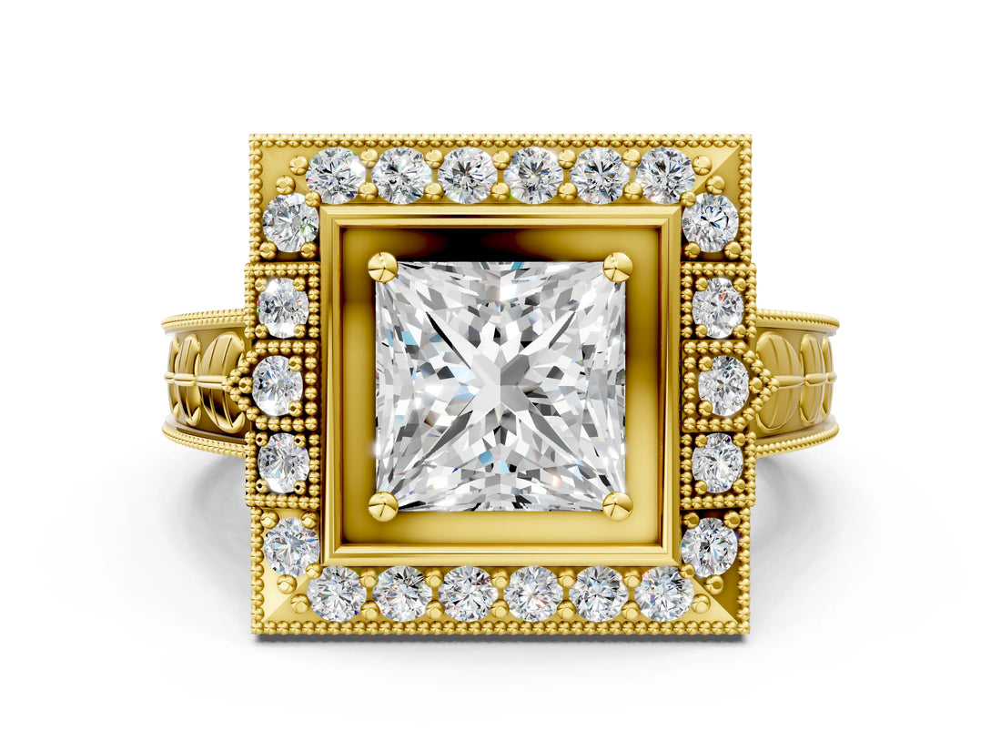 Yellow gold Princess Halo Diamond Ring with Milgrain Bezel and Prong Setting_6