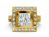 Yellow gold Princess Halo Diamond Ring with Milgrain Bezel and Prong Setting_6