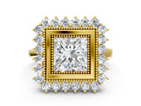 Yellow gold Princess Halo Diamond Ring with Milgrain Edge and Round Prong Setting_26