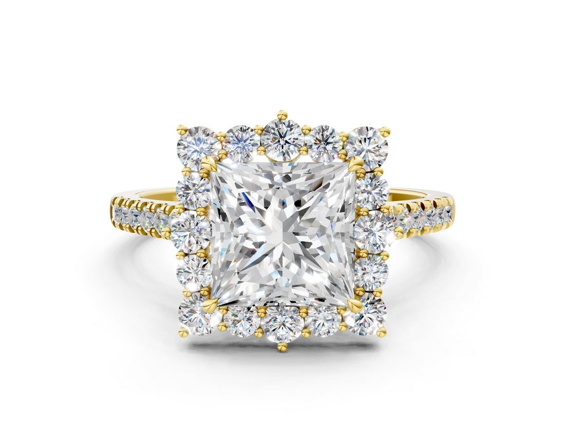 Yellow gold Princess Halo Diamond Ring with Pavé Band and Prong Setting_20