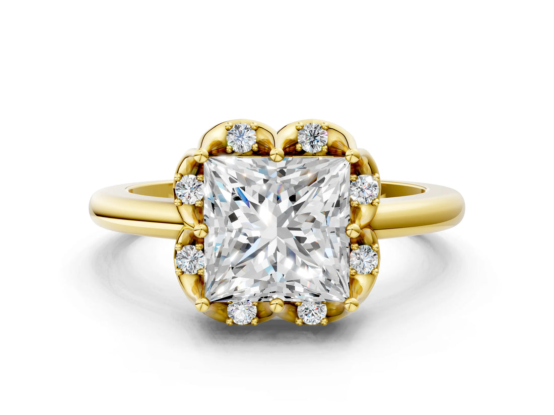 Yellow gold Princess Halo Diamond Ring with Round Cluster Setting, Solitaire Band, and Four-Prong Setting_49