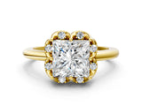 Yellow gold Princess Halo Diamond Ring with Round Cluster Setting, Solitaire Band, and Four-Prong Setting_49