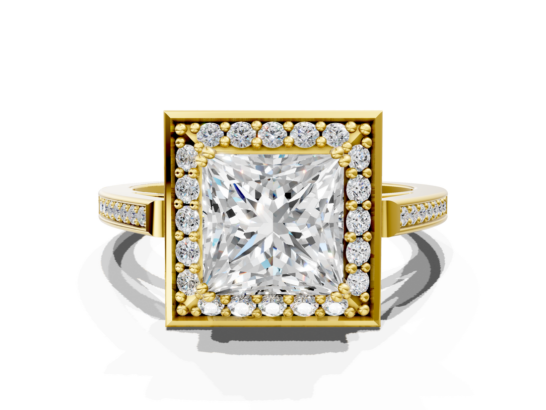 Yellow gold Princess Halo Diamond Ring with Split Shank and Four-Prong Setting_73