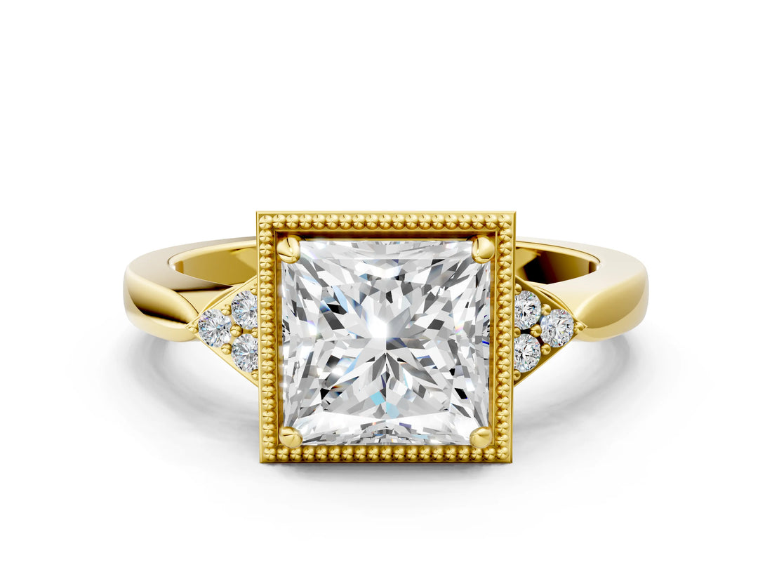 Yellow gold Princess Halo Diamond Ring with Tapered Band and Four-Prong Setting_10
