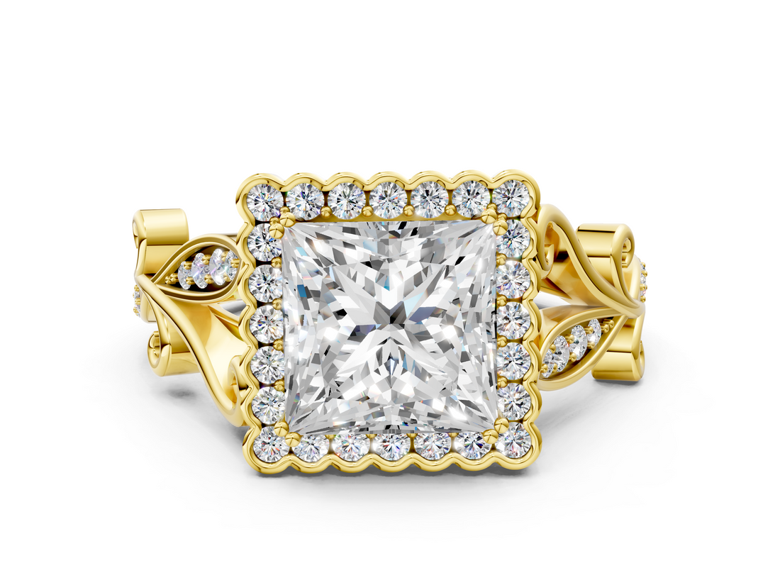 Yellow gold Princess Halo Diamond Ring with Vintage Split Shank and Four-Prong Setting_19