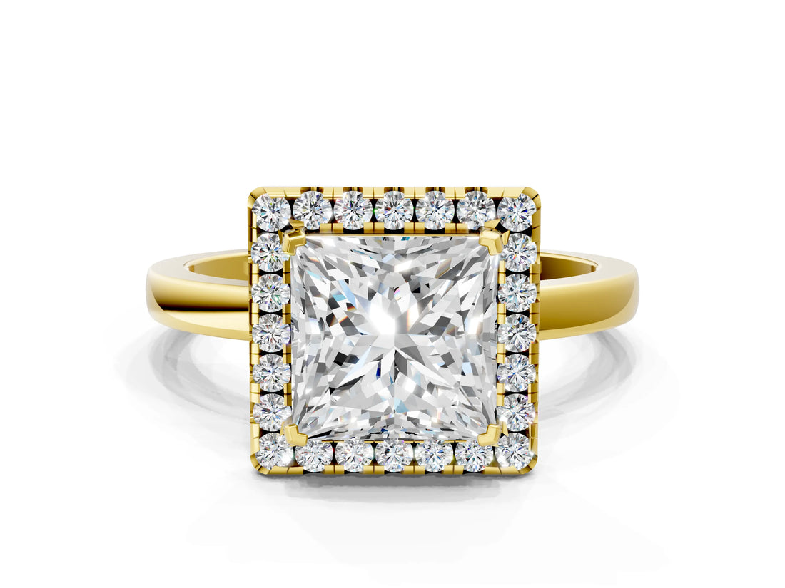 Yellow gold Princess Halo Diamond Solitaire with Pavé Band and Four-Prong Setting_90