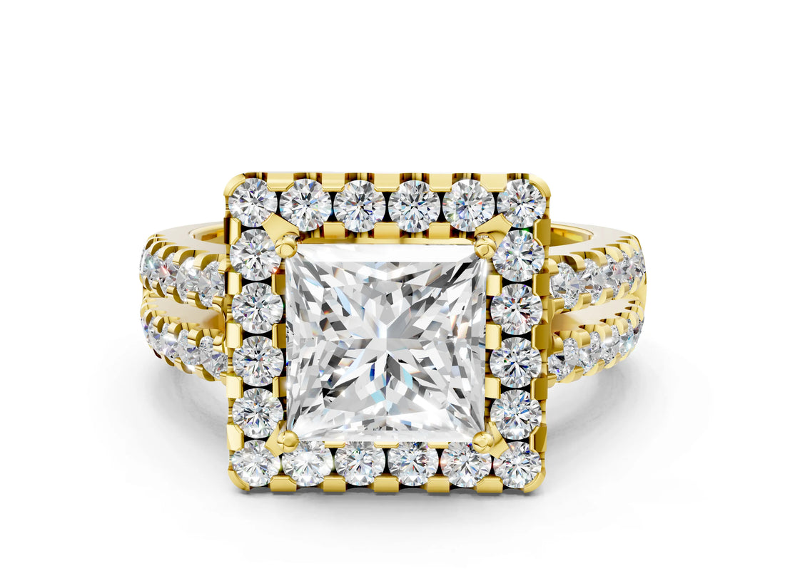Yellow gold Princess Halo Diamond Split Shank Engagement Ring with Prong Setting_75