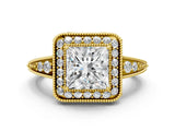 Yellow gold Princess Halo Diamond Split Shank Ring with Milgrain Detail_49