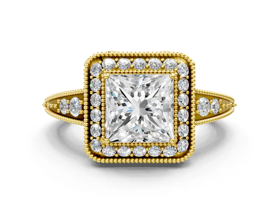 Yellow gold Princess Halo Diamond Split Shank Ring with Milgrain Detail