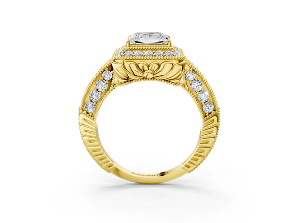 Yellow gold Princess Halo Diamond Split Shank Ring with Milgrain Detail
