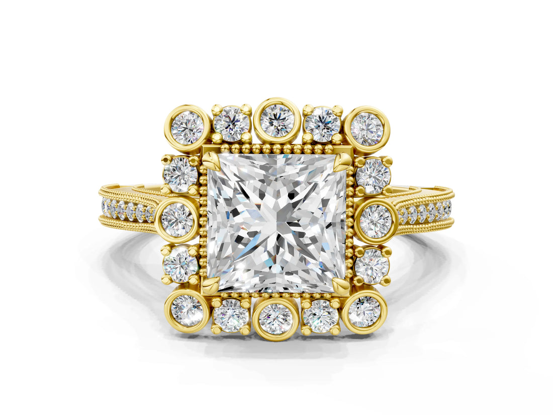 Yellow gold Princess Halo Milgrain Pave Diamond Ring with Four-Prong Setting