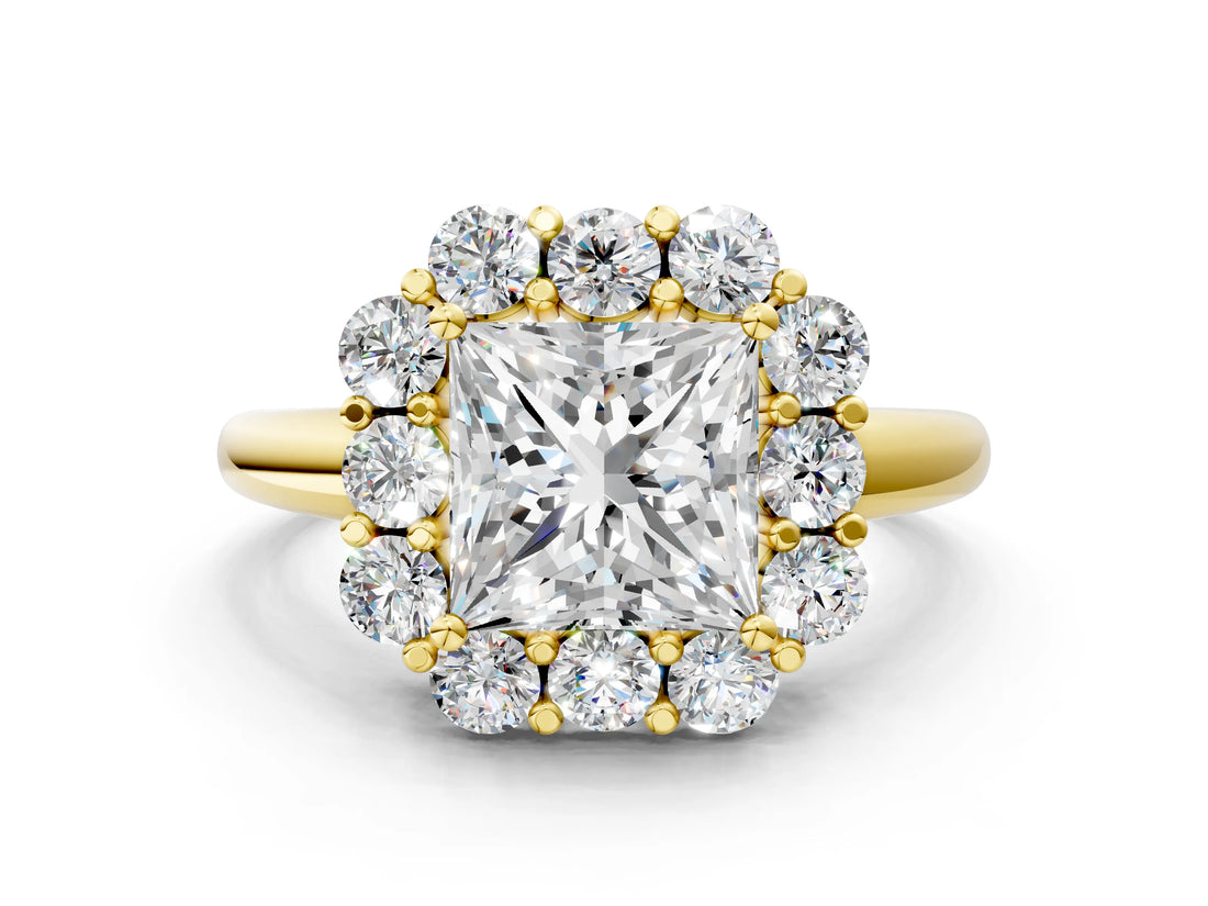 Yellow gold Princess Halo Milgrain Solitaire with Bezel Set Side Stones and Pave Band_32