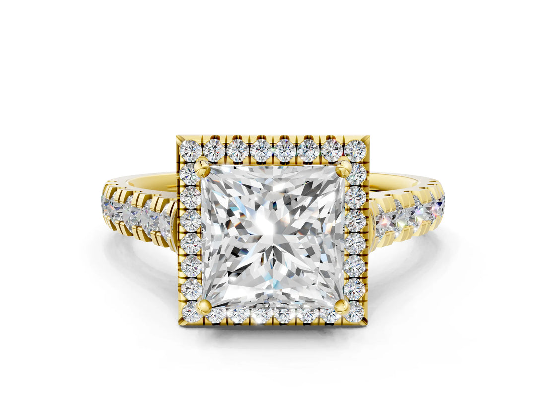 Yellow gold Princess Halo Pavé Diamond Engagement Ring with Four-Prong Setting_26