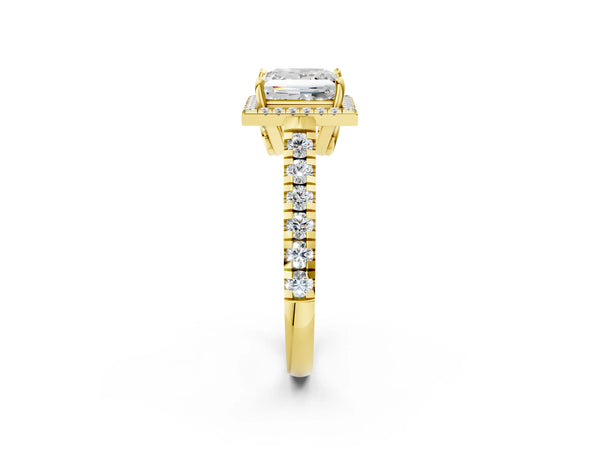 Yellow Gold Princess Cut Halo Engagement Ring Setting with Accented Shoulders and Bezel Gallery Accents