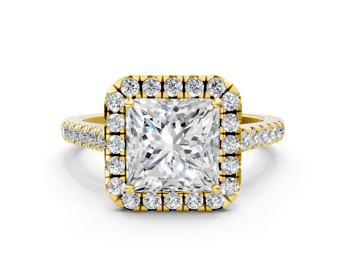 Yellow gold Princess Halo Pavé Diamond Engagement Ring with Four-Prong Setting_3