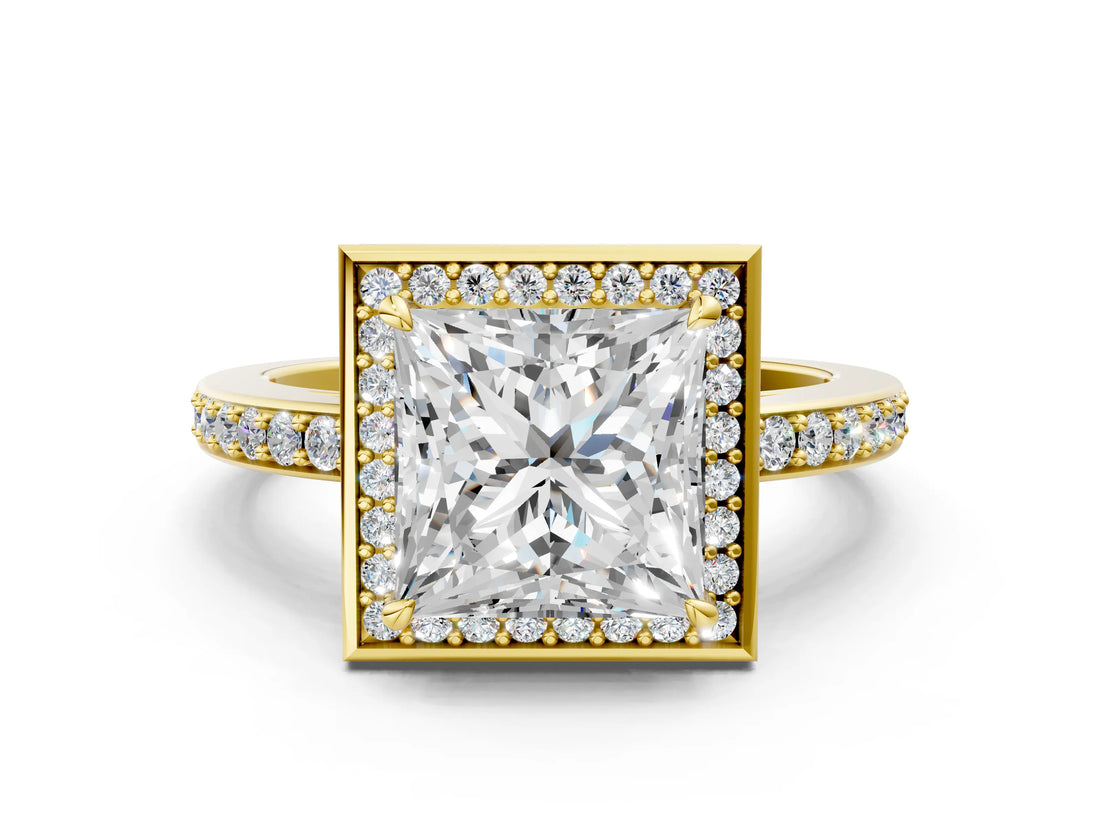 Yellow gold Princess Halo Pave Band Solitaire Ring with Prong Setting_62