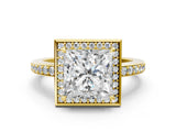 Yellow gold Princess Halo Pave Band Solitaire Ring with Prong Setting_62