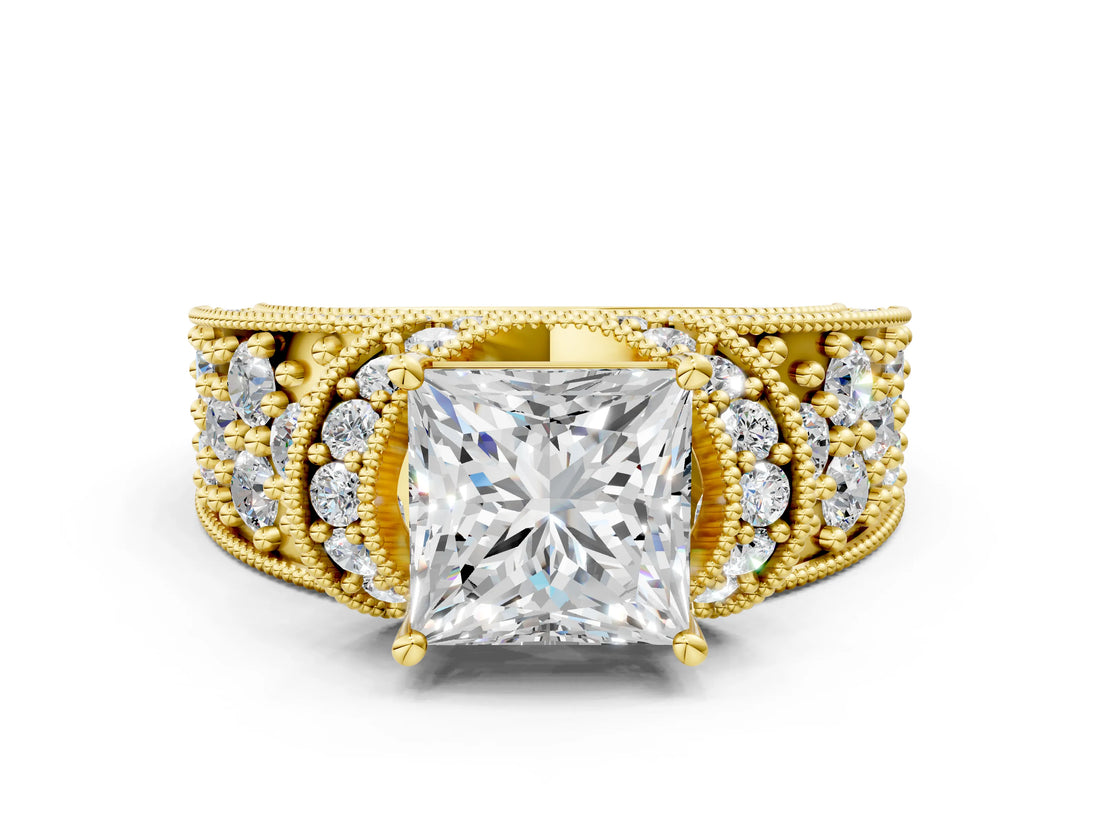 Yellow gold Princess Halo Pave Diamond Engagement Ring with Milgrain Detailing_49