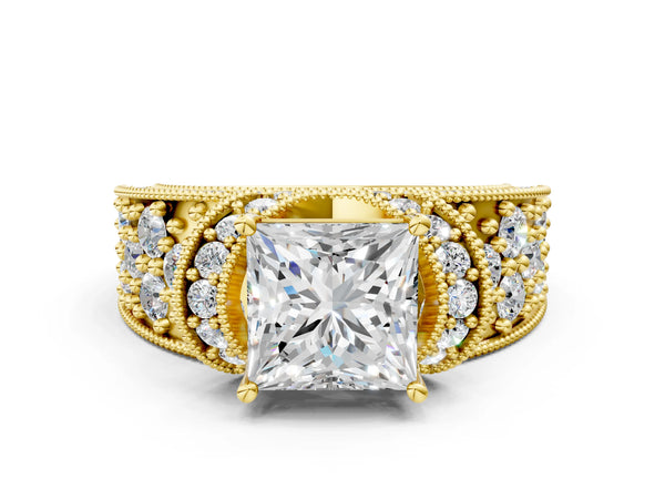 Yellow gold Princess Halo Pave Diamond Engagement Ring with Milgrain Detailing