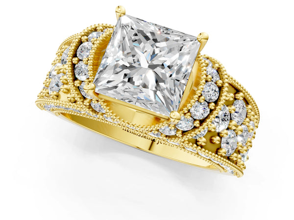 Yellow gold Princess Halo Pave Diamond Engagement Ring with Milgrain Detailing