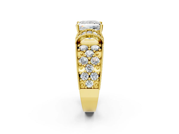Yellow gold Princess Halo Pave Diamond Engagement Ring with Milgrain Detailing