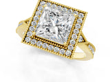 Yellow gold Princess Halo Round Diamond Milgrain Pave Engagement Ring_10