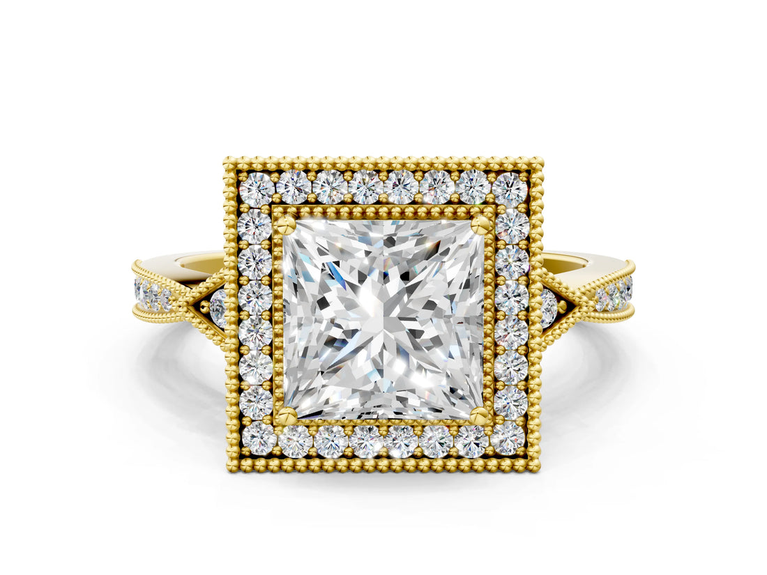 Yellow gold Princess Halo Round Diamond Milgrain Pave Engagement Ring_9