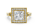 Yellow gold Princess Halo Round Diamond Milgrain Pave Engagement Ring_9