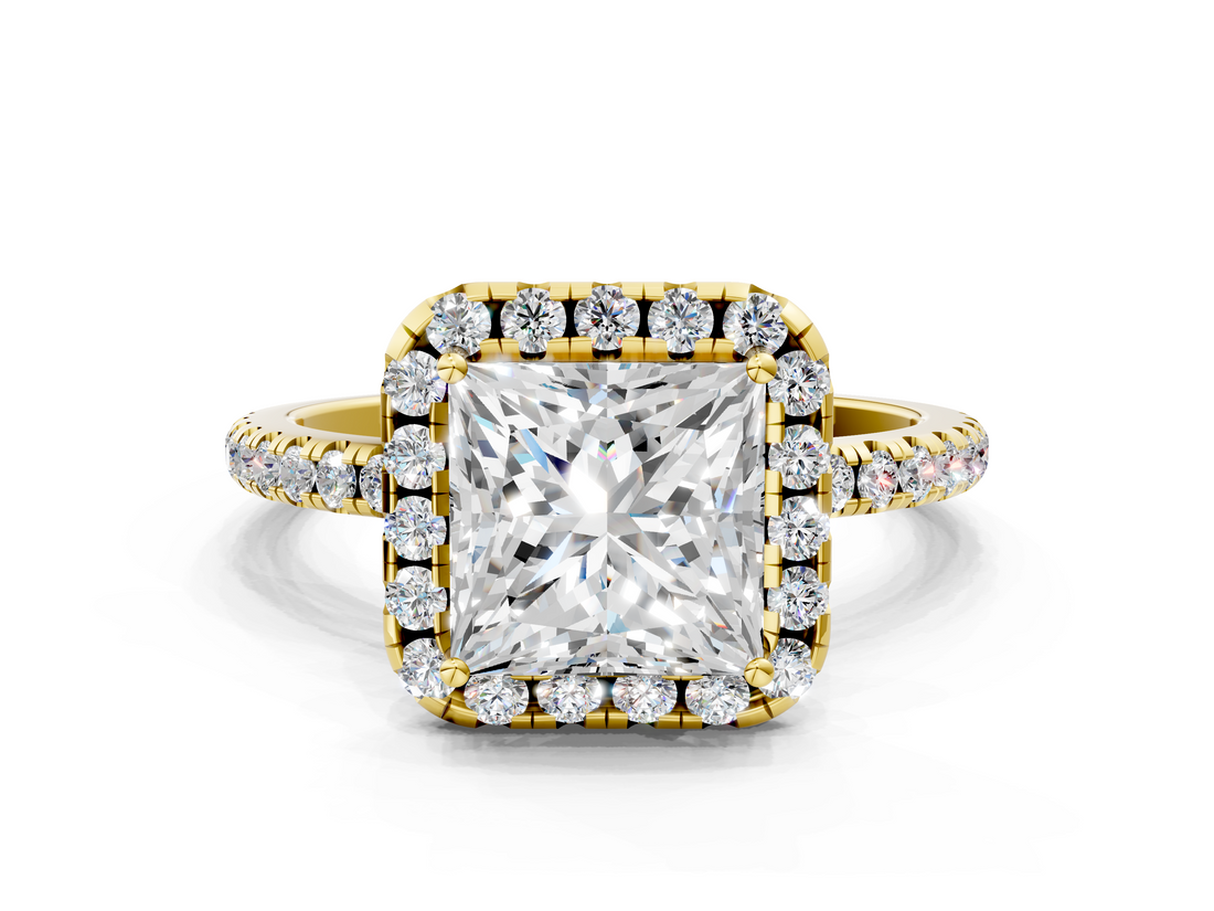 Yellow gold Princess Halo Round Diamond Pavé Band Four-Prong Ring_3