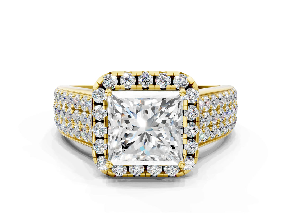 Yellow gold Princess Halo Round Diamond Pave Band with Prong Setting