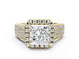 Yellow gold Princess Halo Round Diamond Pave Band with Prong Setting