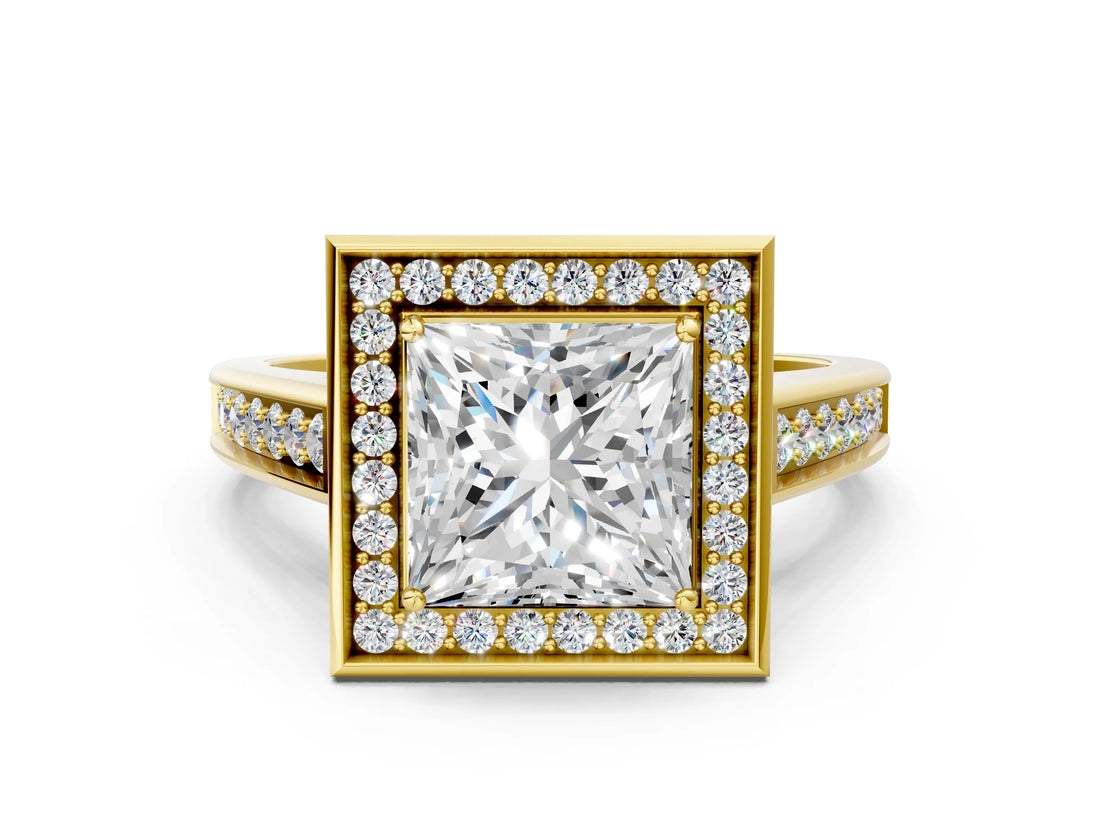Yellow gold Princess Halo Solitaire Diamond Ring with Pave Band and Bezel Setting_49