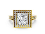 Yellow gold Princess Halo Solitaire Diamond Ring with Pave Band and Bezel Setting_49