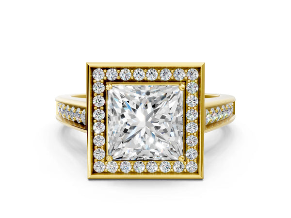 Yellow gold Princess Halo Solitaire Diamond Ring with Pave Band and Bezel Setting