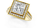 Yellow gold Princess Halo Solitaire Diamond Ring with Pave Band and Bezel Setting_50