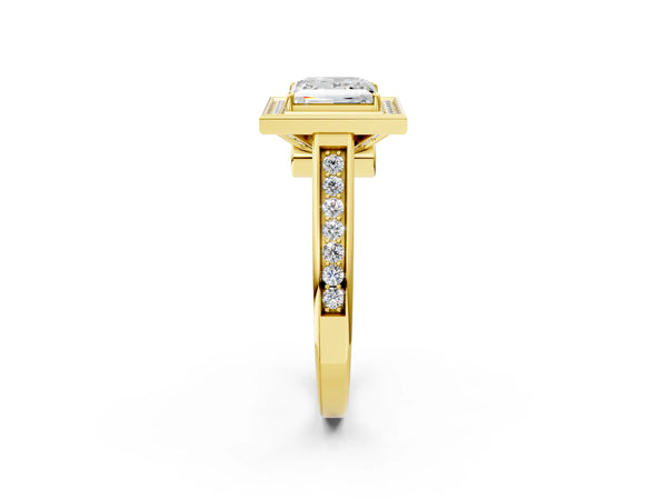 Yellow gold Princess Halo Solitaire Diamond Ring with Pave Band and Bezel Setting