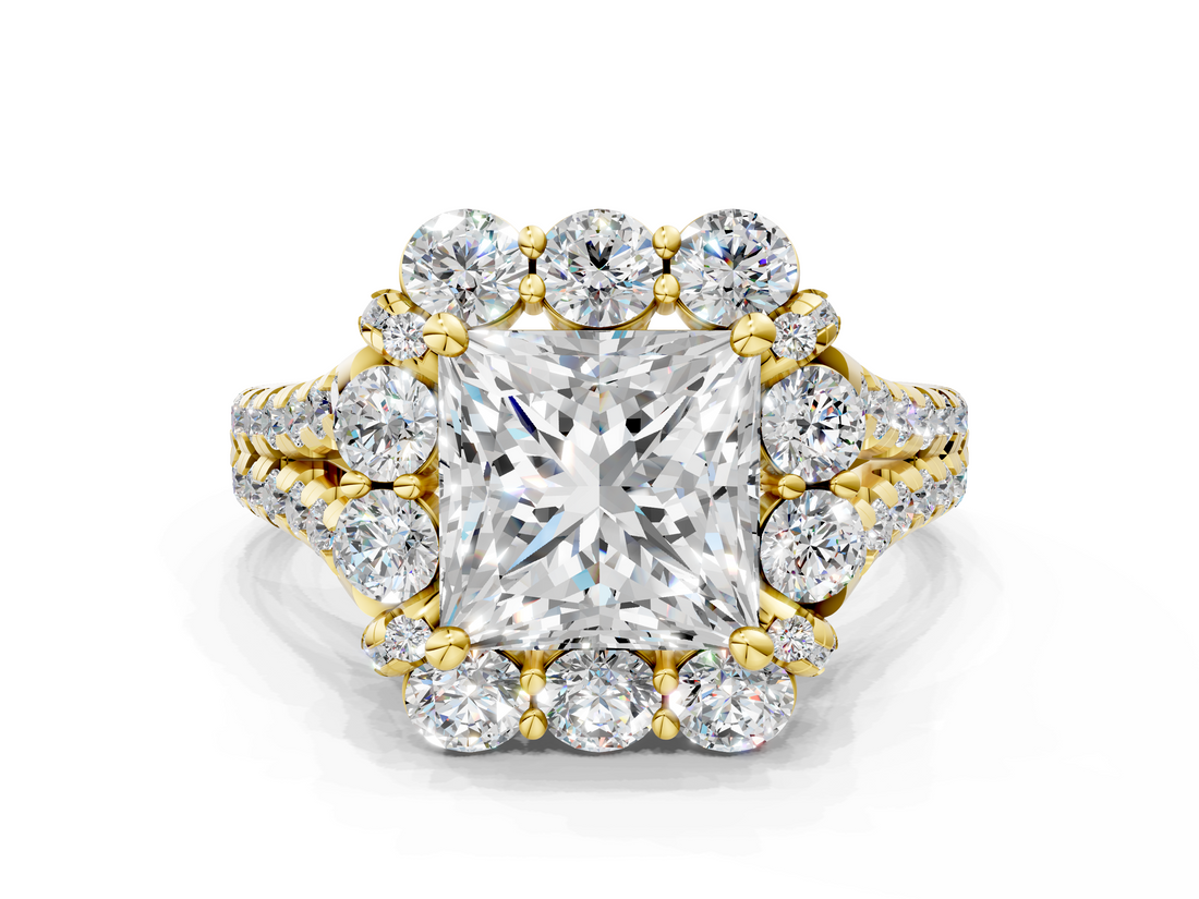 Yellow gold Princess Halo Split Shank Diamond Engagement Ring with Pave Band and Four-Prong Setting_53
