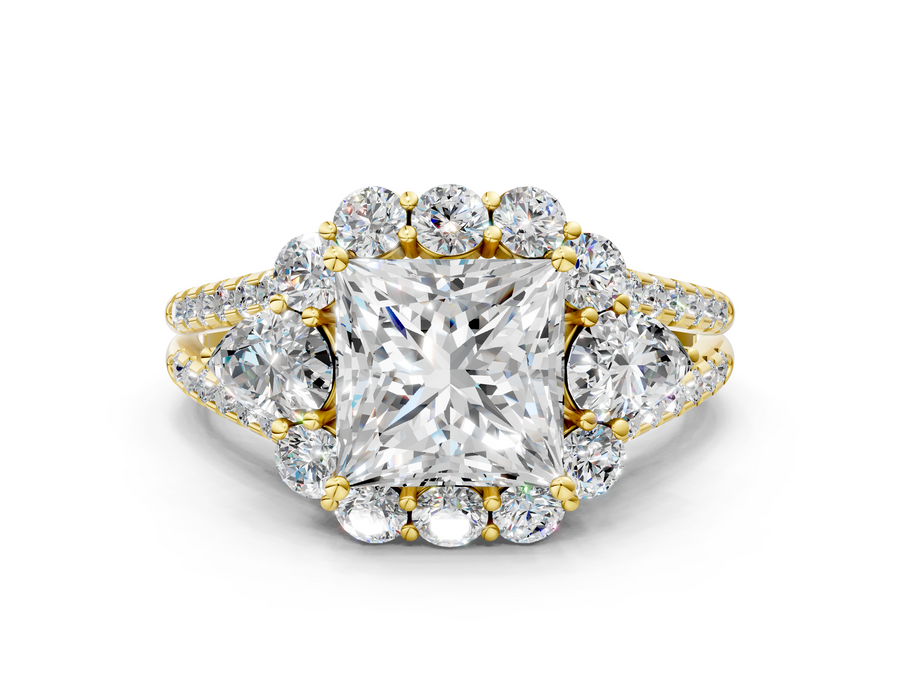 Yellow gold Princess Halo Split Shank Diamond Engagement Ring with Prong Setting