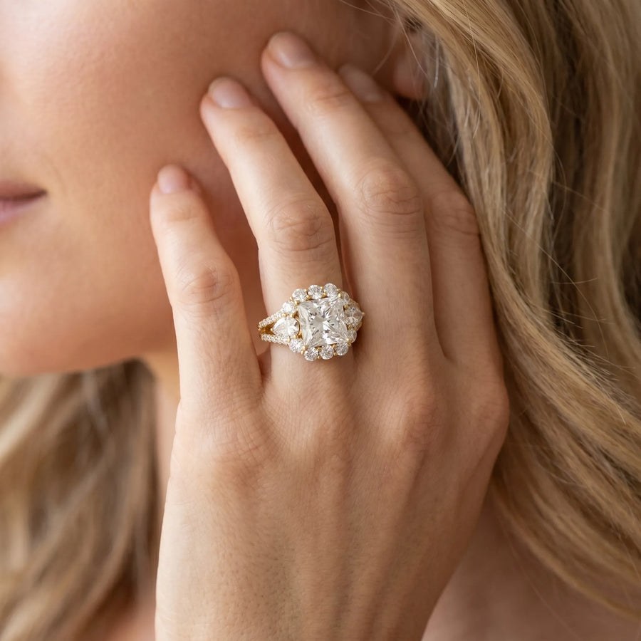 Yellow gold Princess Halo Split Shank Diamond Engagement Ring with Prong Setting