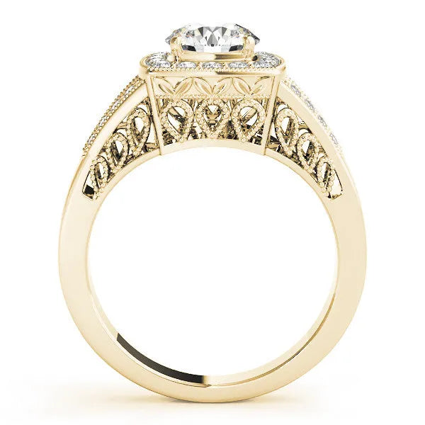 Yellow gold Princess Halo Split Shank Diamond Ring with Milgrain Prong Setting