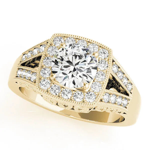 Yellow gold Princess Halo Split Shank Diamond Ring with Milgrain Prong Setting