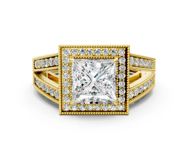 Yellow gold Princess Halo Split Shank Diamond Ring with Milgrain Prong Setting