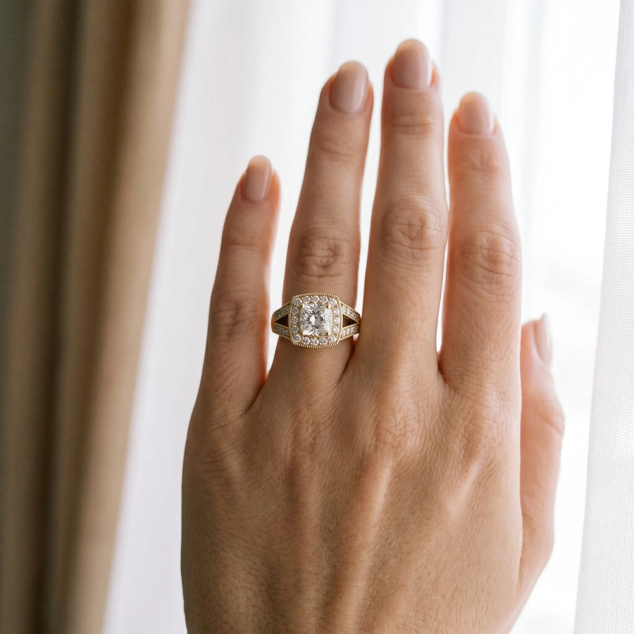 Yellow gold Princess Halo Split Shank Diamond Ring with Milgrain Prong Setting