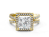 Yellow gold Princess Halo Split Shank Diamond Ring with Pavé Setting