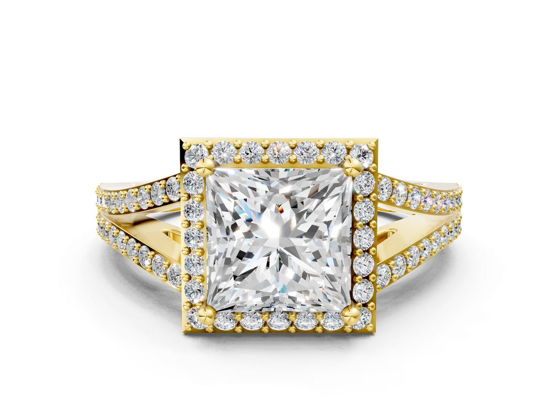 Yellow gold Princess Halo Split Shank Diamond Ring with Prong Setting_17
