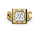 Yellow gold Princess Halo Split Shank Milgrain Diamond Ring_26