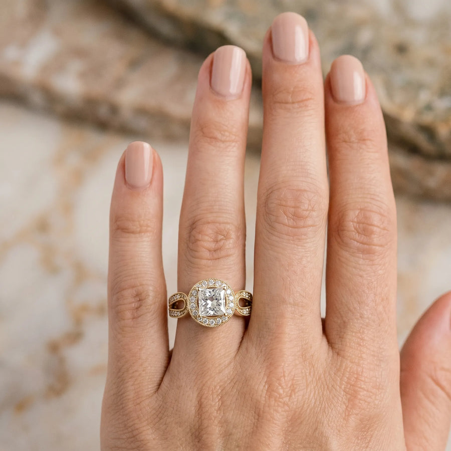 Yellow gold Princess Halo Split Shank Milgrain Diamond Ring
